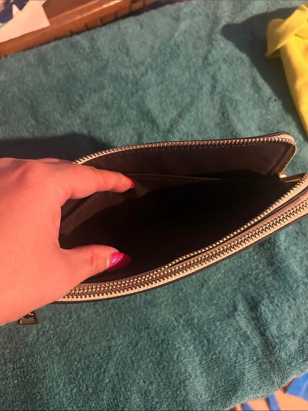 Coach Tan Signature Zip Wristlet with Logo Print
